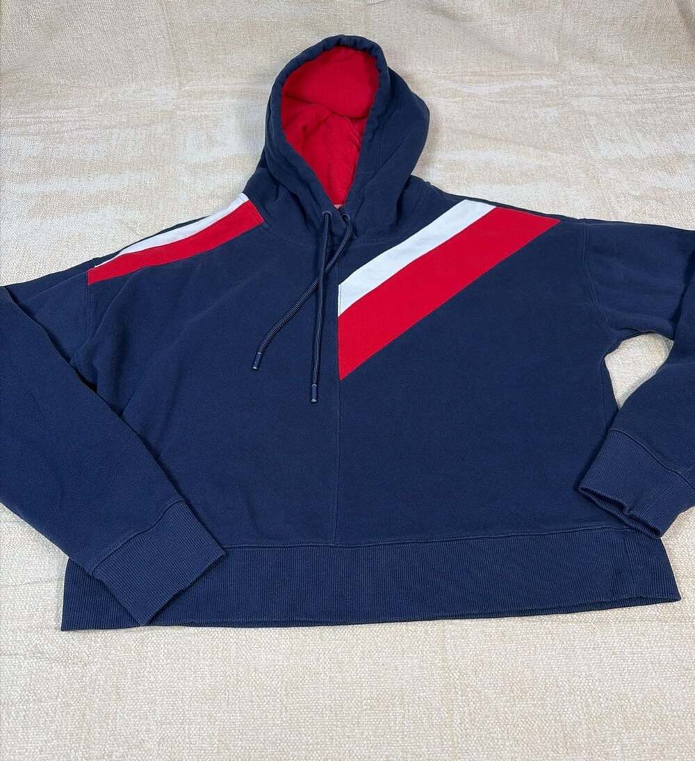 Tommy Hilfiger Sport Navy Blue Red White Diagonal Colorblock Hoodie Size Small